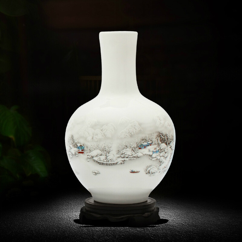 景德镇陶瓷器花瓶 家居饰品摆件插花器客厅装饰工艺品aj137*L 雪景天球瓶(不含底座)